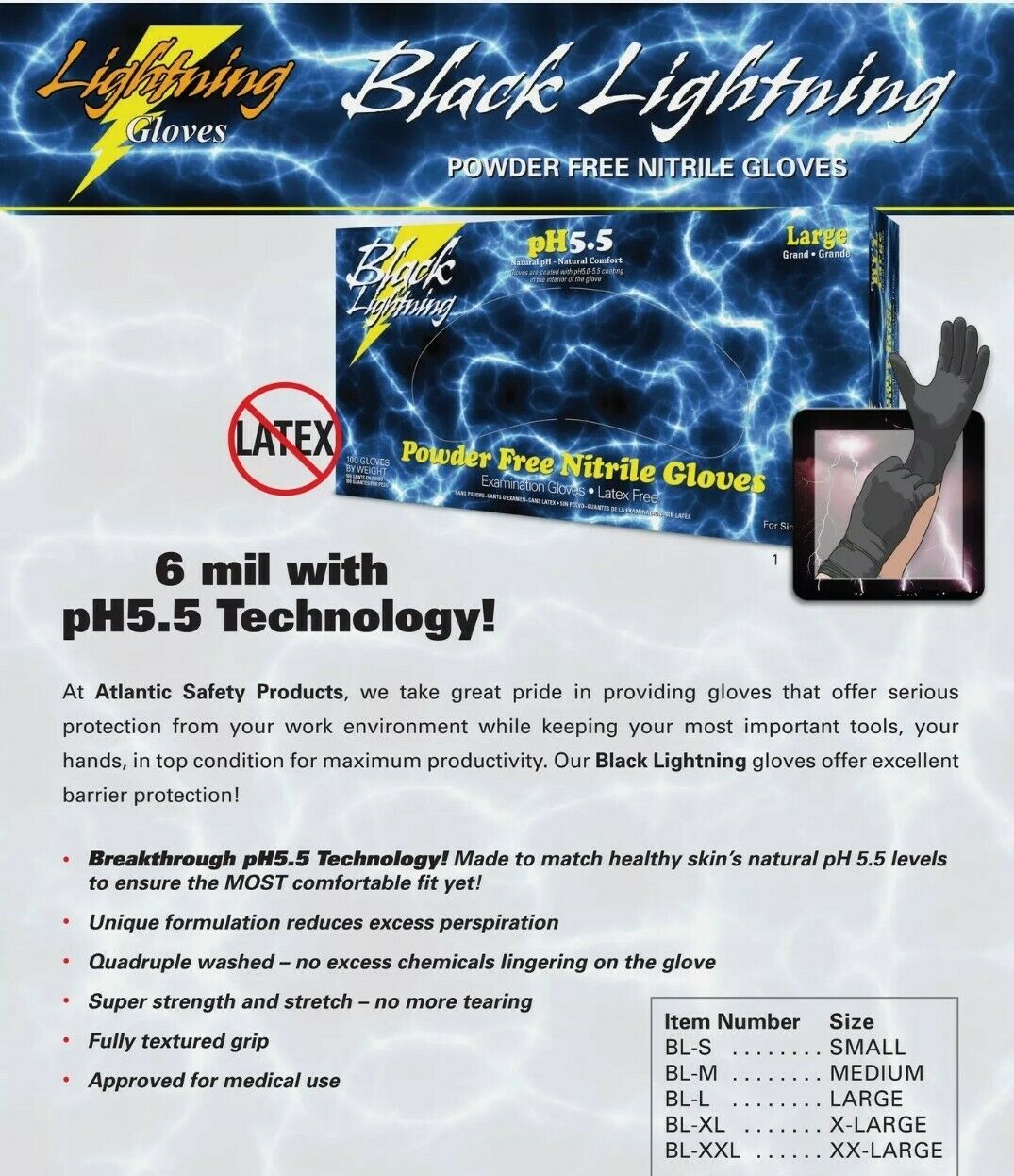 Black Lightning Powder & Latex Free Nitrile Gloves 6mil thick Large, 1000pcs