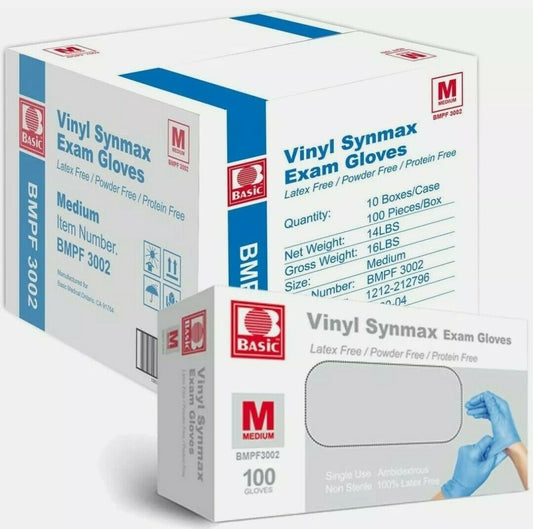 1000Pcs Disposable Synmax Vinyl Exam Gloves Latex-Free & Powder-Free -Medium