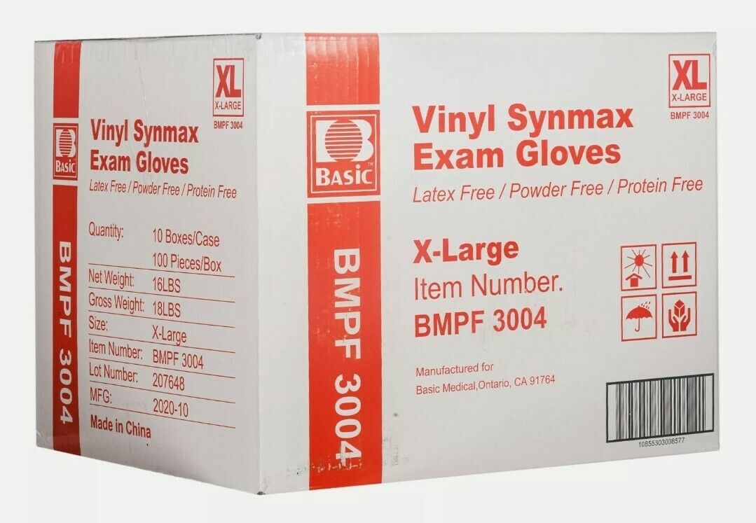 1000Pcs Disposable Synmax Vinyl Exam Gloves Latex-Free & Powder-Free -ExtraLarge